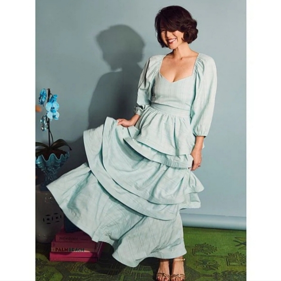 BuruTeagan Tiered Ruffle Textured Stripe Full Length A-Line Pocketed Coordinatin - Picture 9 of 12